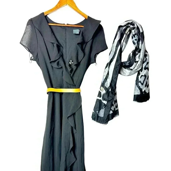 Gabby Skye Dress Cap Sleeve black  Tie Waist Faux Wrap SZ 10 - Picture 6 of 10